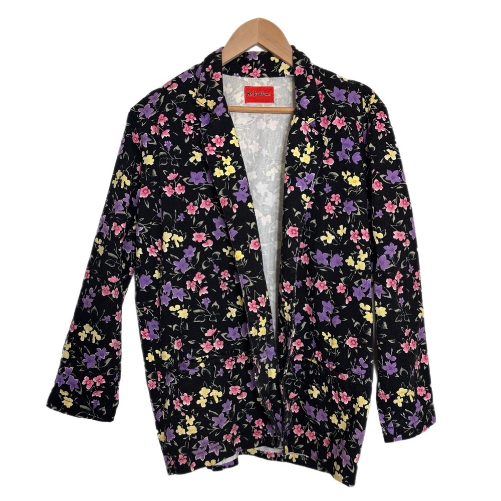 Vintage No Problem! Ditzy floral on black corduroy cotton open front blazer